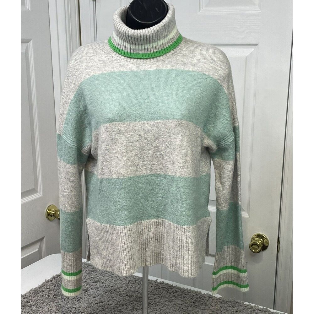 J Crew Women Gray Mint‎ Green Stripe Turtleneck Merino Blend Sweater XS